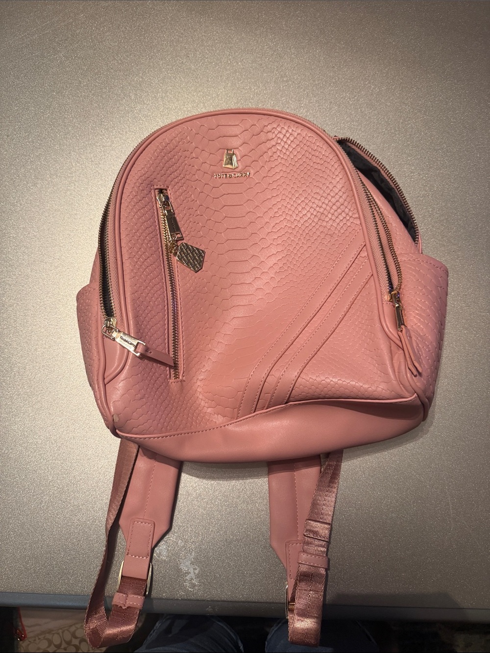 Blush Pink Textured Backpack with Gold Accents